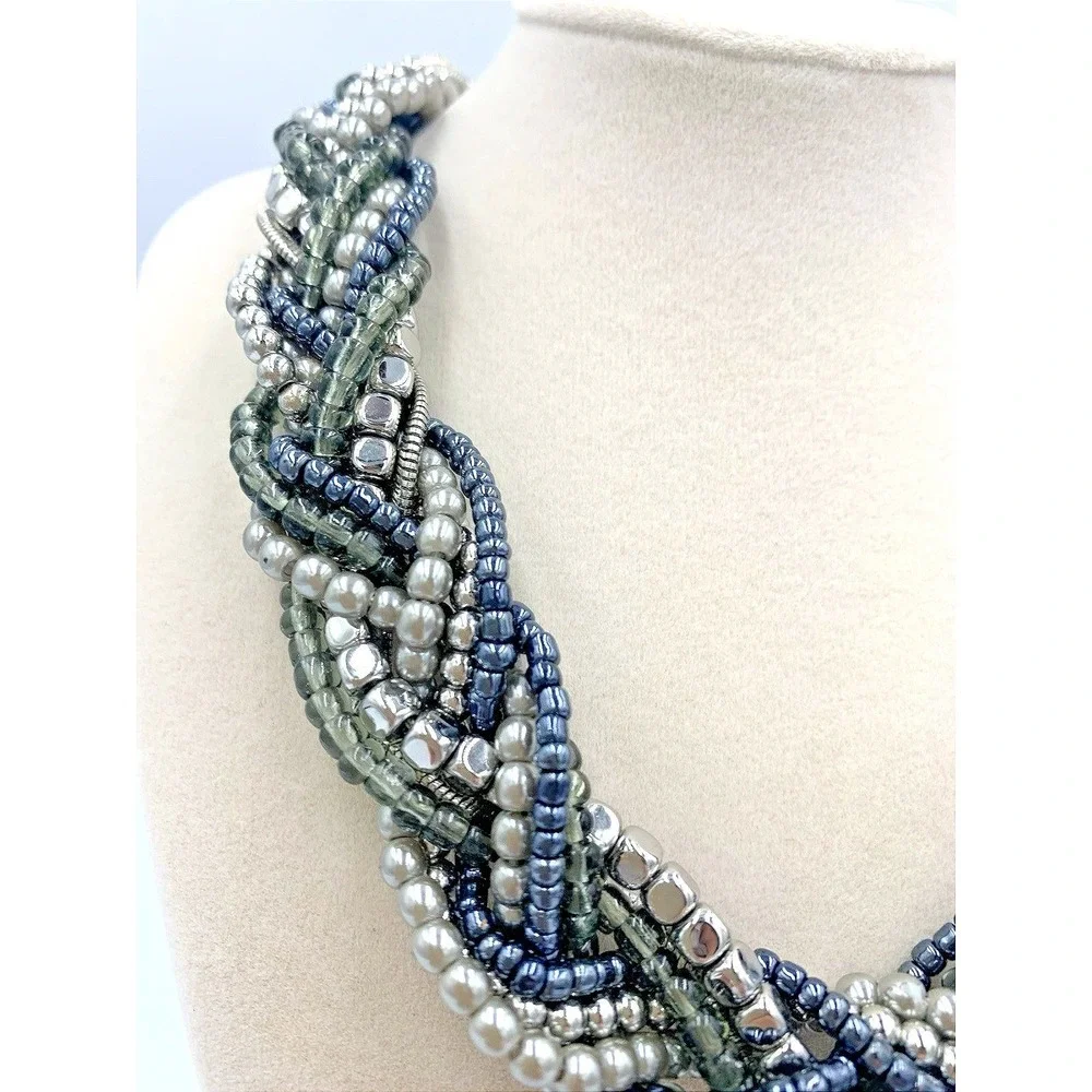 Premier Designs Interwoven Multi Strand Braided‎ Beaded Bib Necklace Blue Green